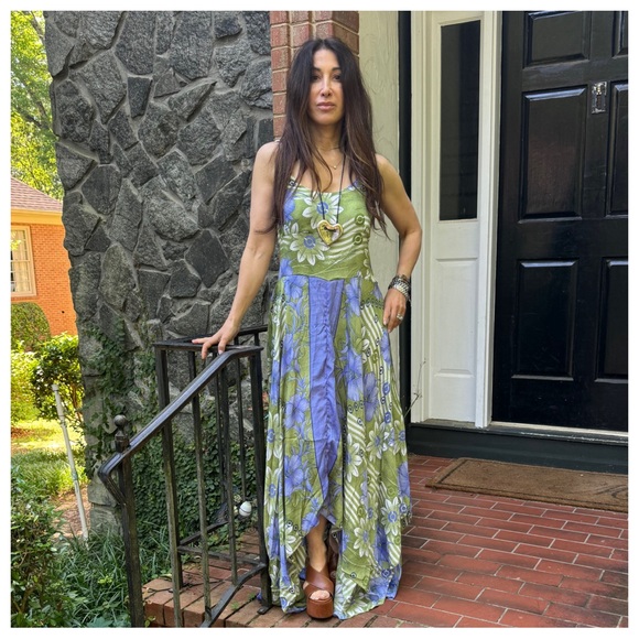 42 Boho Silk Blend One of Kind Print Sleeveless Asymmetrical Maxi Dress - Picture 2 of 8